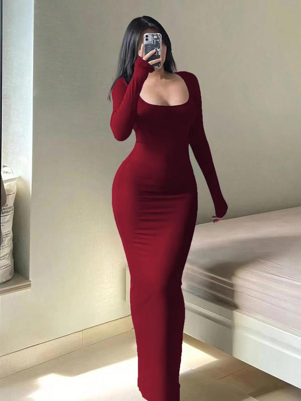 Women's Minimalist Solid Color Tight Sleeve Bodycon Dress for Fall, Women's Clothing for Daily Wear, Back-to-School Clothing, Basic Womenswear, Lady Casual Wear, Lady Long Sleeve, Fall Outfits, Fallfreshness