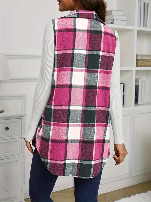 Women's Plaid Print Button Front Flap Deail Vest Coat, Casual Curved Hem Sleeveless Collared Outerwear for Spring & Fall, Ladies Clothes for Daily Wear