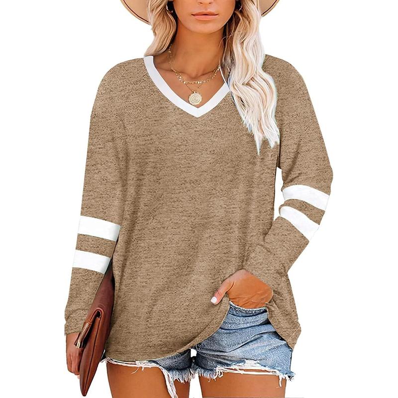 Beautife Women's Plus Size Tops Striped Long Sleeve V neck T Shirts Color Block Casual Tunics Tee Shirt