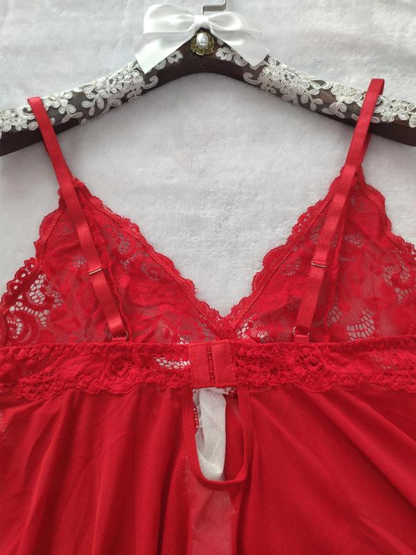 Women's Plain Contrast Lace Cami Nightdress & Thong Sexy Lingerie Set, Breathable Comfortable V Neck Nightgown & Panty Set, Women's Sleepwear for Indoor Wear