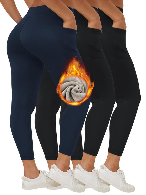  Solid High Waist Pocket Leggings, Casual Comfy Warm Skinny Pants for Women, Women's Bottoms for Fall & Winter