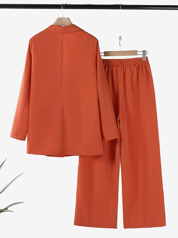 Women's Solid Button Lapel Neck Blazer & Pocket Wide Leg Pants Two-piece Set, Casual Long Sleeve Outerwear & Straight Leg Trousers for Work Office Business, Ladies Fall & Winter Clothes