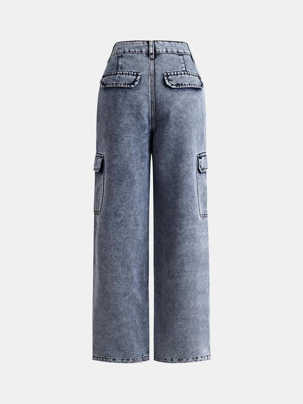 YOZY Women's Denim-Effect Print Button Fly Flap Pocket Pants, Casual Street Straight Leg Trousers for Daily Wear, Ladies Bottoms for All Seasons