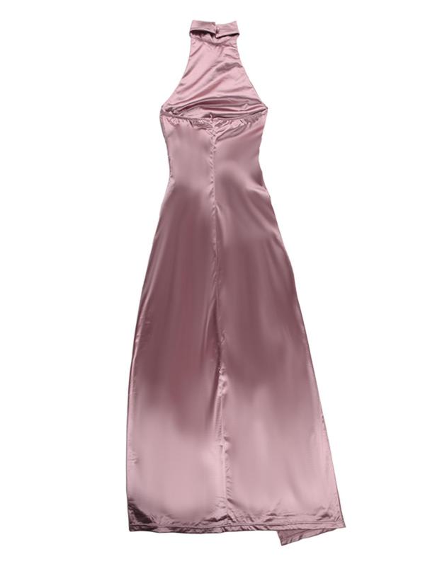 Women's Plain Ruched Wrap Split Thigh Satin Bridesmaid Dress, Elegant Sleeveless Halter Neck Evening Party Gown, Ladies Clothes for All Seasons, Fall Outfits, Fallfreshness