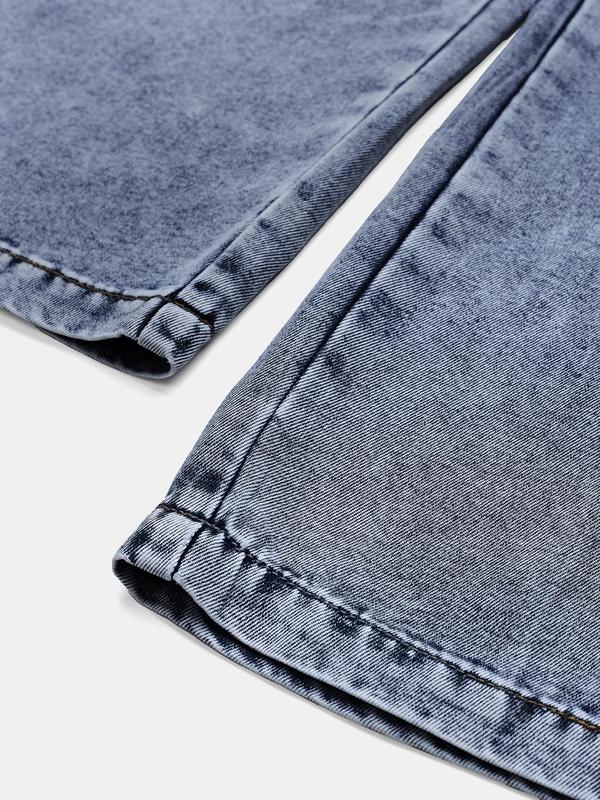 YOZY Women's Denim-Effect Print Button Fly Flap Pocket Pants, Casual Street Straight Leg Trousers for Daily Wear, Ladies Bottoms for All Seasons