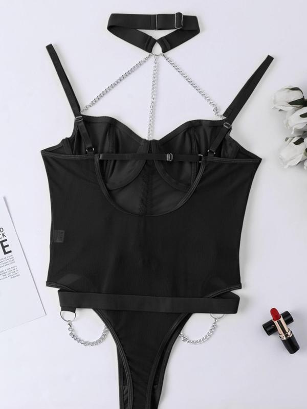Women's Chain Linked Halter Lingerie Bodysuit, Cut Out Backless Mesh Bodysuit, Romantic Sexy Lingerie for Nightwear