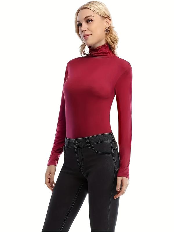  Women's Solid Color High Neck Tee, Casual Long Sleeve T-shirt for Fall & Winter, Women's Clothing for Daily Wear