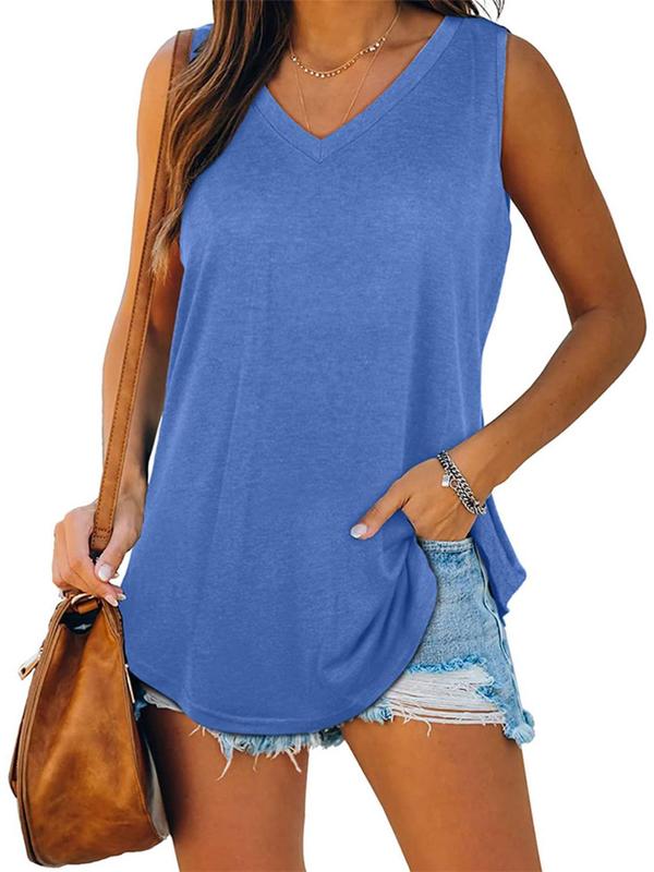 Women's Plain V Neck Curved Hem Tank Top, Casual Basic Sleeveless T Shirts, Tank Tops for Women, Ladies Summer Clothes for Daily Wear