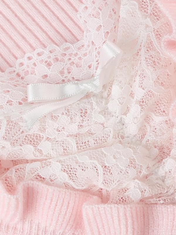 Women's Plain Contrast Lace Ruffle Trim Buttons Tie Front Basic Minimalist Sweater, Comfort Y2k Longsleeves Square Neck Knitwear, Cute Babydoll Tops, Womenswear Knitting Tops, Sweaters for Women, Fall Outfits 2024 Sets  for Christmas