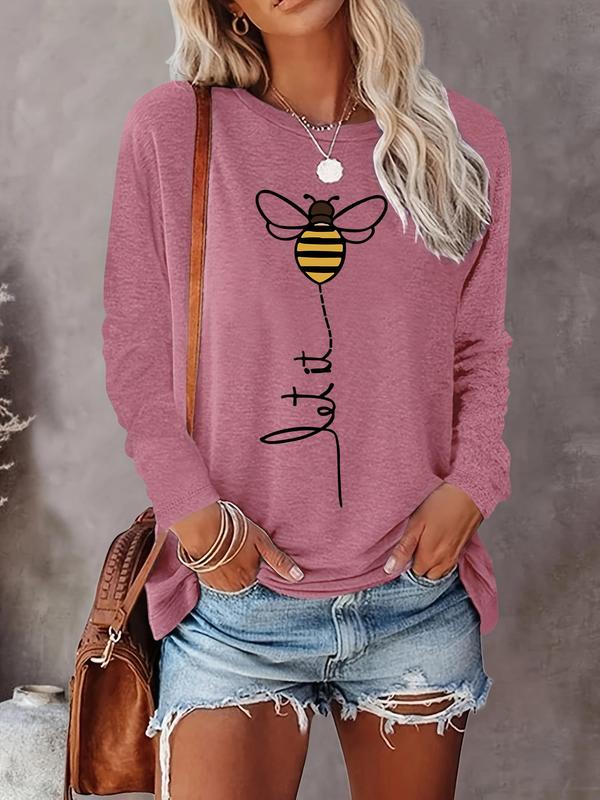 Women's Cartoon Bee Print Round Neck Tee, Casual Long Sleeve Crew Neck T-shirt for Fall & Winter, Women's Top for Daily Wear