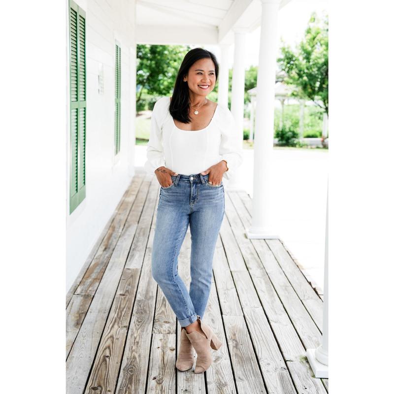 Judy Blue Get to Work Mid Rise Medium Wash Cuffed Slim Jeans