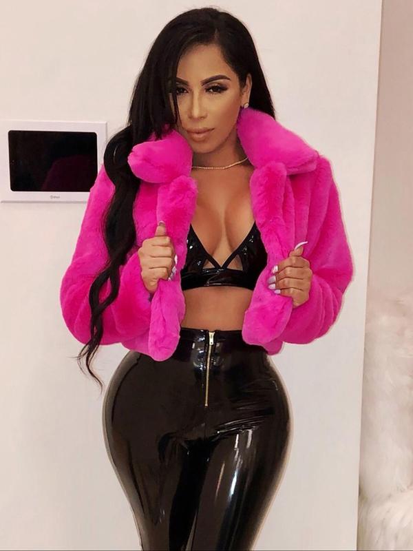 Women's Solid Color Open Front Faux Fur Jacket, Casual Long Sleeve Collared Fuzzy Outerwear for Fall & Winter, Women's Clothing for Daily Wear
