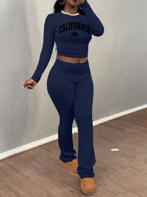 Women's Letter Print Crop Tee & Plain Flare Leg Pants Two-piece Set, Casual Round Neck Long Sleeve Top & Bell Bottom Trousers for Fall & Winter, Women's Clothes for Daily Wear