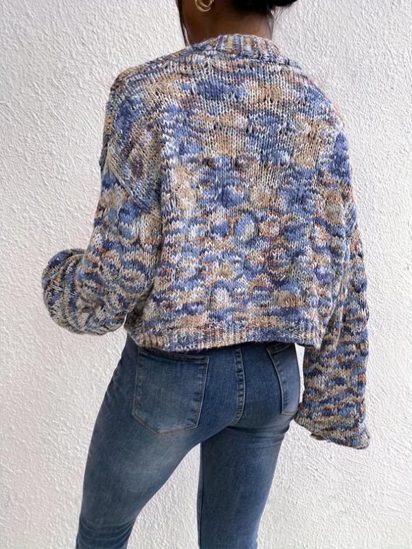 Women's All Over Print Drop Shoulder Knitting Crop Cardigan, Cute Comfort Long Sleeve Open Front Knitwear, Cardigan for Women, Lady Knit Clothing for Daily Wear, Womenswear, Fall Sweaters, Fall Clothes 2024