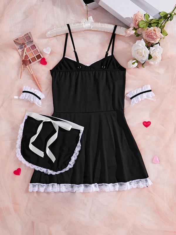 Women's Bow Decor Contrast Lace Sexy Lingerie Set, Elegant Romantic Maid Costume Set for Indoor Party, Ladies Sexy Lingerie & Costumes for All Seasons