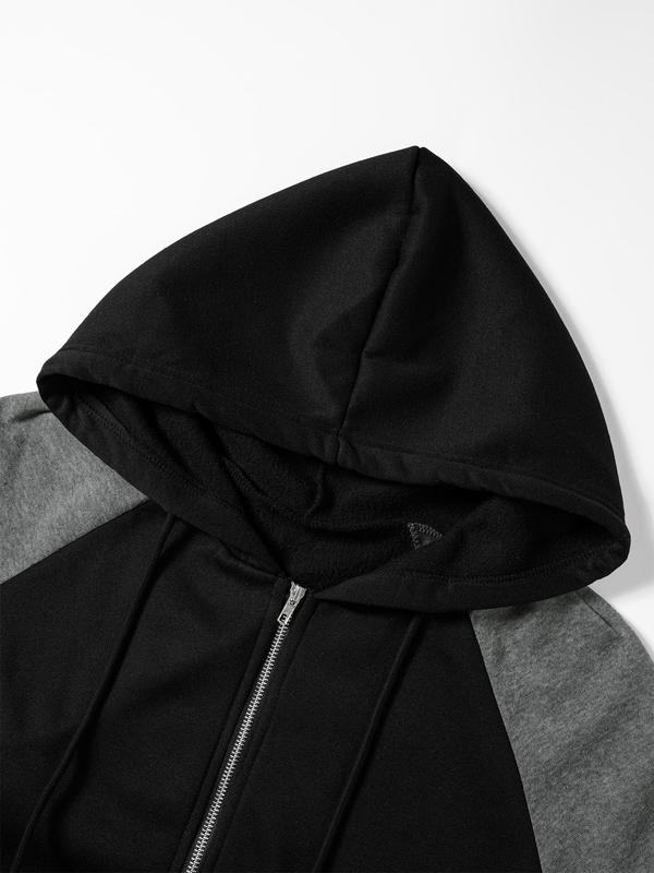 Colorblock Drawstring Zip Up Hooded Coat, Casual Long Sleeve Outerwear for Fall & Winter, Winter Clothes Women, Women's Clothes for Daily Wear