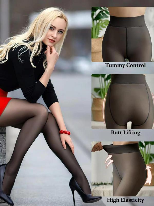 Women's Solid Thermal Lined Fake Translucent Tights, Casual Comfy Warm High Waist Footed Legging Tights for Fall & Winter, Women's Underwear for Daily Wear