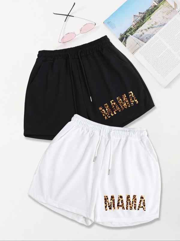 Women's Letter Print Drawstring Shorts, Casual Comfort Pocket Elastic Waist Shorts, Comfort Clothes Women, Summer Bottoms, Shorts for Women