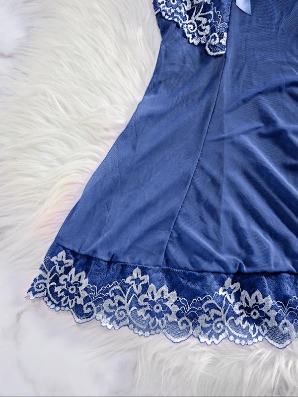 Women's Floral Lace Bow Decor Cami Nightdress & Thong Sexy Lingerie Two-piece Set, Adjustable Strap Backless Nightgown & Panty Two-piece Lingerie Set, Ladies Sexy Lingerie & Costumes