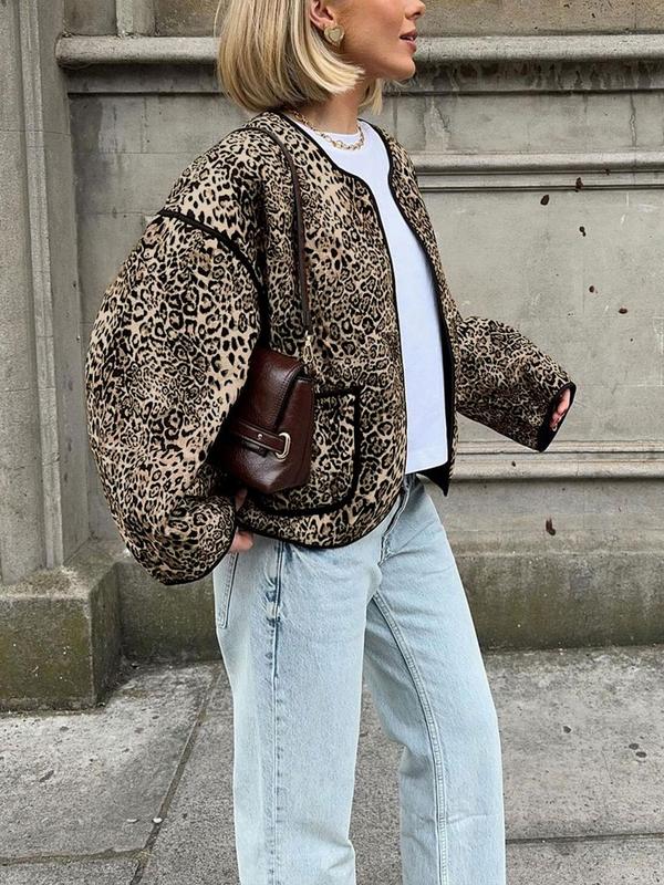 Women's All Over Leopard Print Jacket, Casual Fashion Long Sleeve Zip Up Bomber Jacket for Daily Outdoor Wear, Women Clothing for Fall & Winter