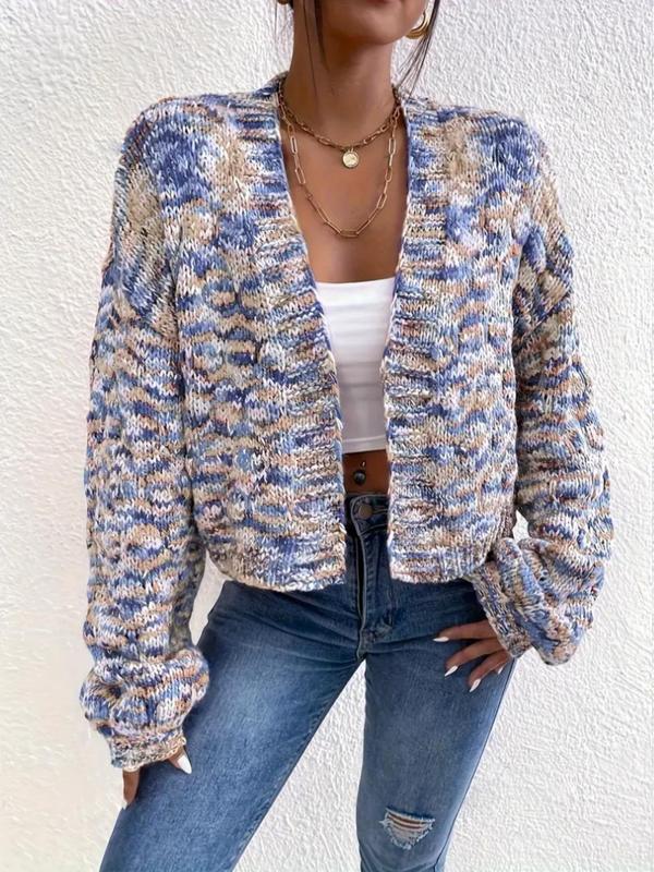 Women's All Over Print Drop Shoulder Knitting Crop Cardigan, Cute Comfort Long Sleeve Open Front Knitwear, Cardigan for Women, Lady Knit Clothing for Daily Wear, Womenswear, Fall Sweaters, Fall Clothes 2024