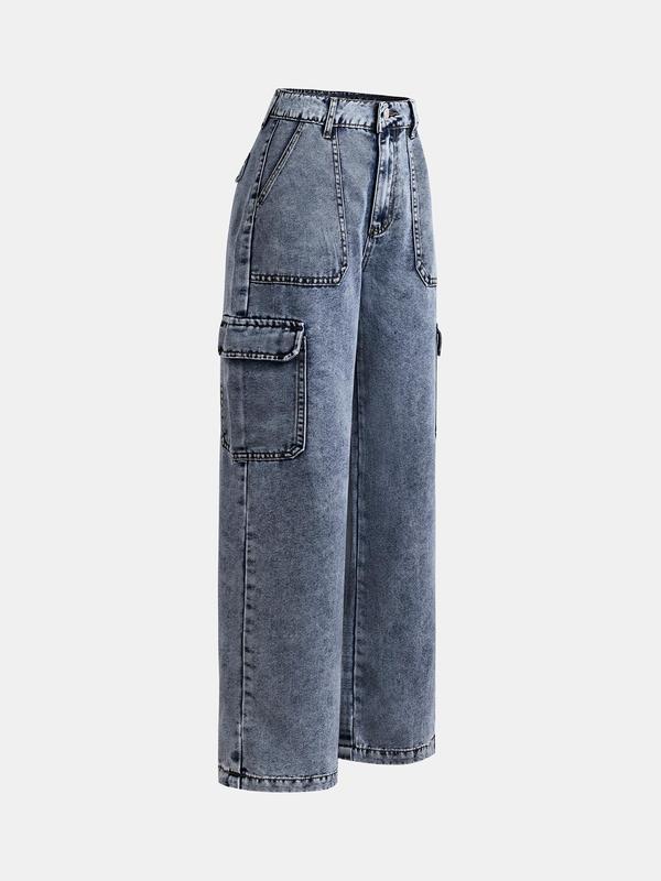 YOZY Women's Denim-Effect Print Button Fly Flap Pocket Pants, Casual Street Straight Leg Trousers for Daily Wear, Ladies Bottoms for All Seasons