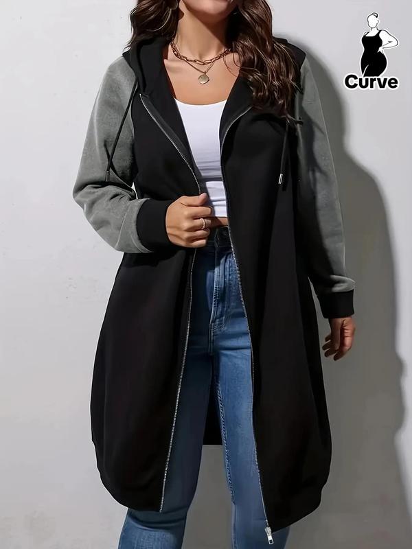 Colorblock Drawstring Zip Up Hooded Coat, Casual Long Sleeve Outerwear for Fall & Winter, Winter Clothes Women, Women's Clothes for Daily Wear
