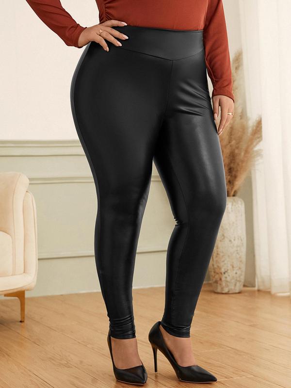 CURVZY Plus Size Solid PU Leather Leggings, Fashion Casual Comfy Skinny Pants for Daily Outdoor Wear, Women Clothing for All Seasons