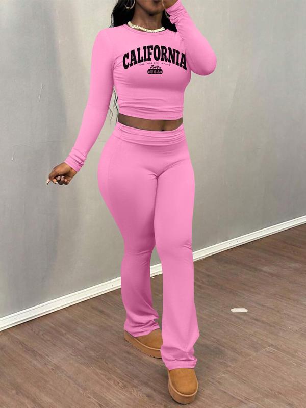 Women's Letter Print Crop Tee & Plain Flare Leg Pants Two-piece Set, Casual Round Neck Long Sleeve Top & Bell Bottom Trousers for Fall & Winter, Women's Clothes for Daily Wear