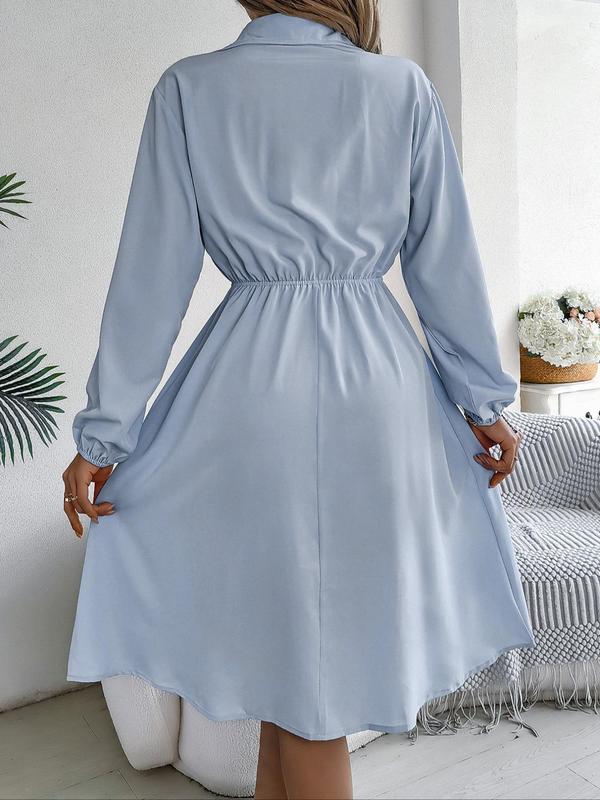 Women's Plain Button Front Drawstring Knot Front Shirt Dress, Elegant Pocket Bishop Sleeve Collared A Line Dress for Spring & Fall, Ladies Clothes for Daily Wear, Fall Outfits, Earthtone Fallfreshness