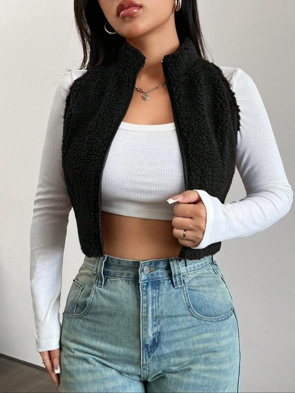 Women's Solid Zip Up Fuzzy Vest Jacket, Casual Sleeveless Stand Collar Outerwear for Fall & Winter, Ladies Clothes for Daily Wear
