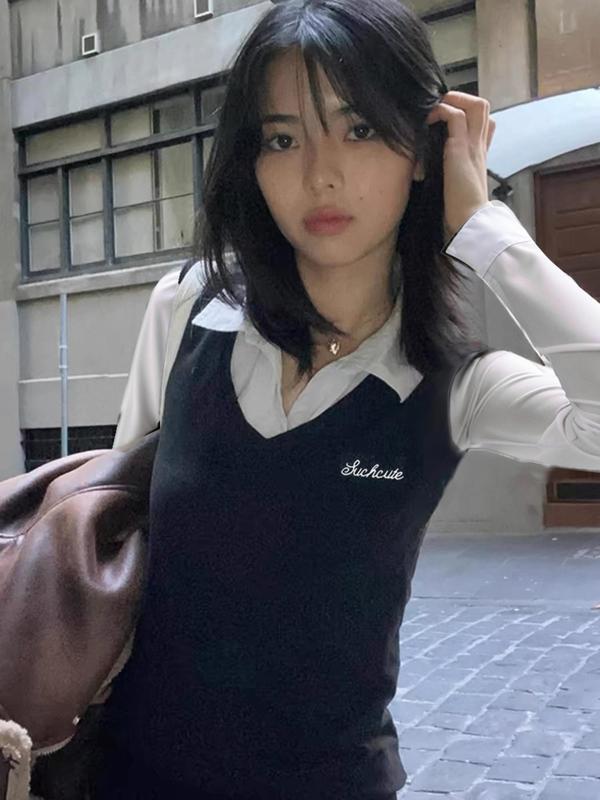Women's 2 in 1 Letter Embroidery Button Front T-shirt, Preppy Style Long Sleeve Collar Top for Spring & Fall, Women's Clothes for Daily Wear