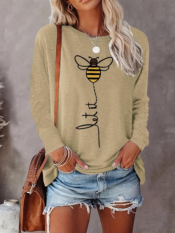 Women's Cartoon Bee Print Round Neck Tee, Casual Long Sleeve Crew Neck T-shirt for Fall & Winter, Women's Top for Daily Wear