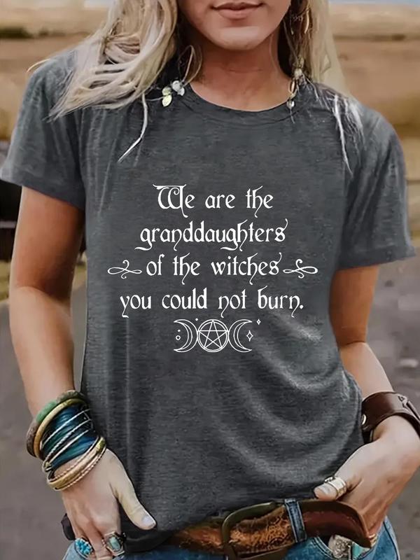 Women's Letter & Moon Print Round Neck Tee, Casual Short Sleeve Crew Neck T-shirt for Summer, Fashion Women's Top for Daily Wear