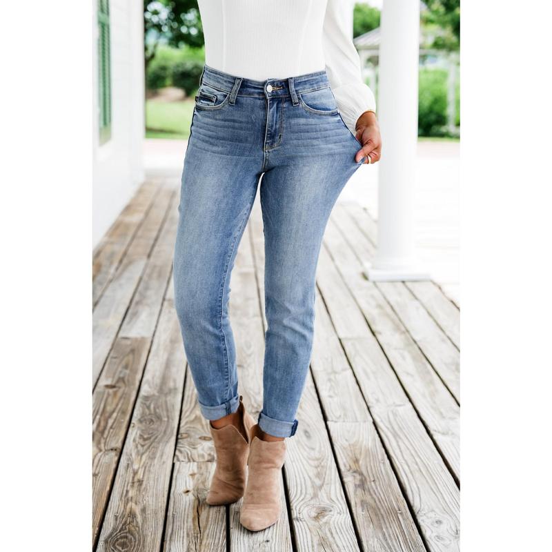Judy Blue Get to Work Mid Rise Medium Wash Cuffed Slim Jeans