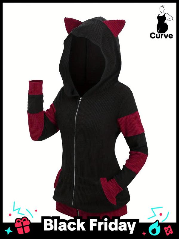  3D Ear Design Colorblock Zipper Hooded Coat, Casual Long Sleeve Pocket Outerwear Jackets for Spring & Fall, Winter Clothes Women, Women's Clothes for Daily Wear