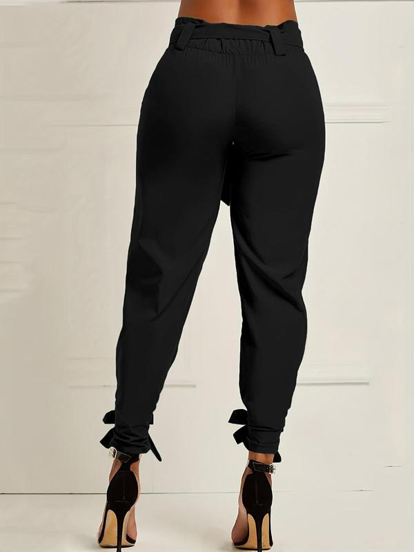 Women's Solid Color Belted Tie Front Carrot Pants, Casual Elastic Waist Trousers for Fall & Winter, Women's Bottoms for Daily Wear