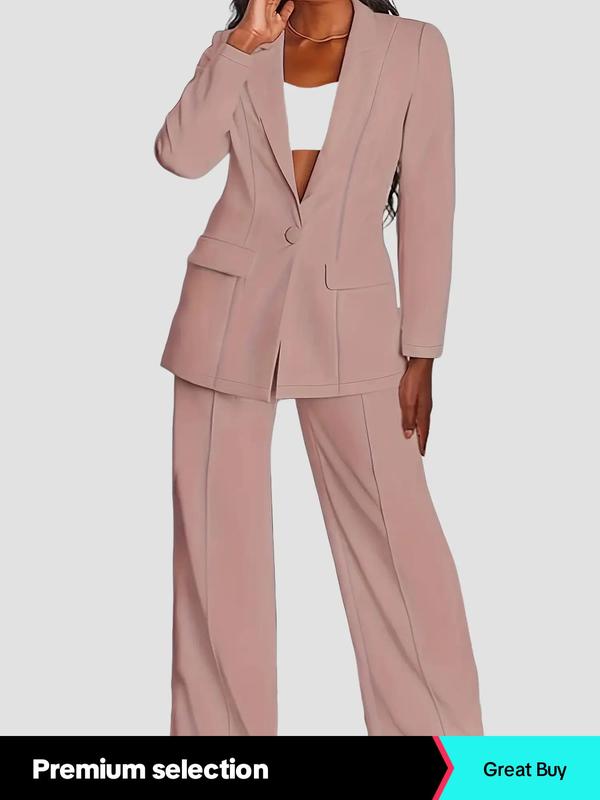  Solid Two-piece Set, Elegant Lapel Neck Button Front Blazer & Straight Leg Pants, Women's Spring & Fall Clothes for Work Office Business, Trendy Outfits 2024, 2 Piece Sets Women, Fall Clothing Women, Plus Size Clothes for Women