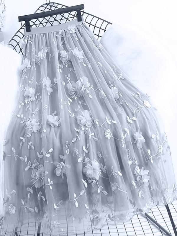 Women's Flower Appliques High Waist Vintage Tulle Skirt, Elegant A-Line Midi Skirt For Party Holiday Vacation, Ladies All Seasons Clothes