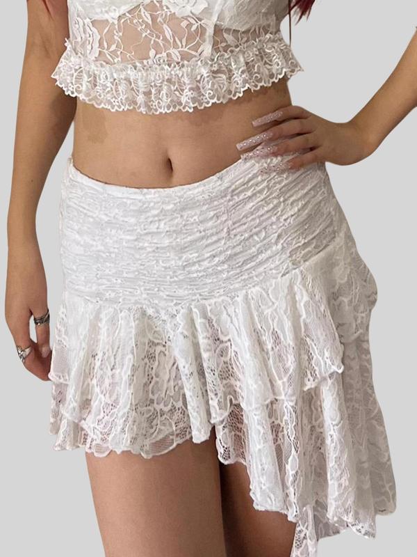 Women's Plain Ruffle Hem Asymmetrical Hem Sheer Lace Vintage Skirt with Ribbon Design, Skirts for Women, Mini Y2k Skirts, Lady Elegant High Waist Tiered Layer Mini Skirt, Ladies Summer Bottoms, Downtown Girl Clothes