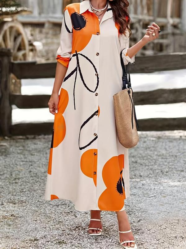 Women's Floral Print Button Front Shirt Dress, Casual Long Sleeve Collared Long Dress for Spring & Fall, Women's Clothes for Daily Wear