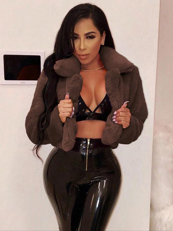 Women's Solid Color Open Front Faux Fur Jacket, Casual Long Sleeve Collared Fuzzy Outerwear for Fall & Winter, Women's Clothing for Daily Wear