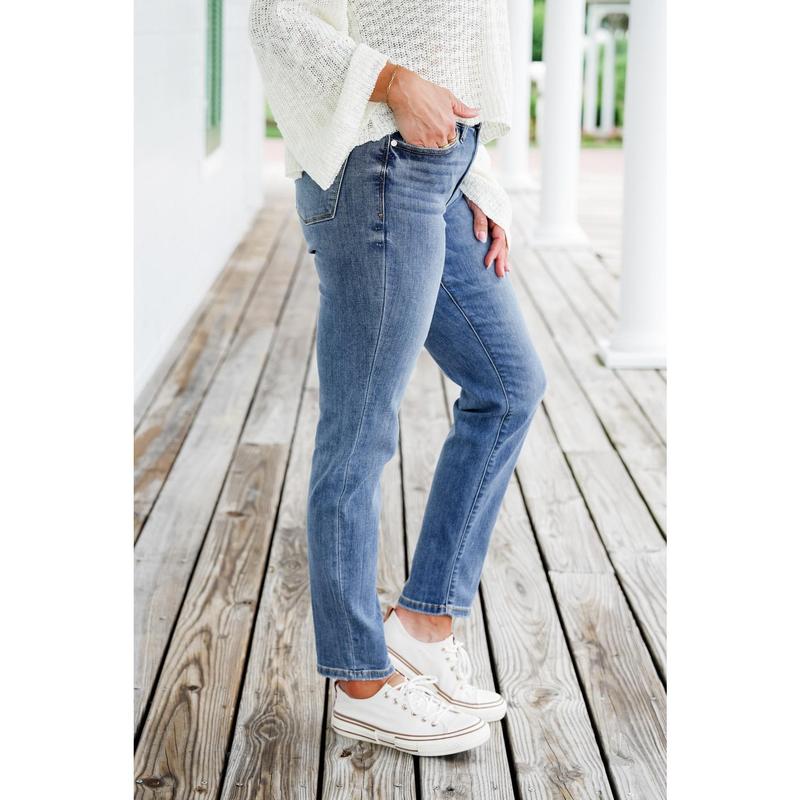 Judy Blue Get to Work Mid Rise Medium Wash Cuffed Slim Jeans