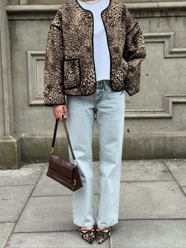 Women's All Over Leopard Print Jacket, Casual Fashion Long Sleeve Zip Up Bomber Jacket for Daily Outdoor Wear, Women Clothing for Fall & Winter