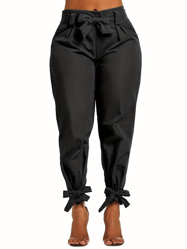 Women's Solid Color Belted Tie Front Carrot Pants, Casual Elastic Waist Trousers for Fall & Winter, Women's Bottoms for Daily Wear