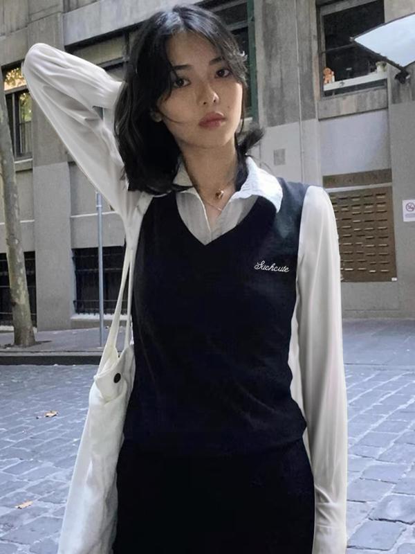 Women's 2 in 1 Letter Embroidery Button Front T-shirt, Preppy Style Long Sleeve Collar Top for Spring & Fall, Women's Clothes for Daily Wear