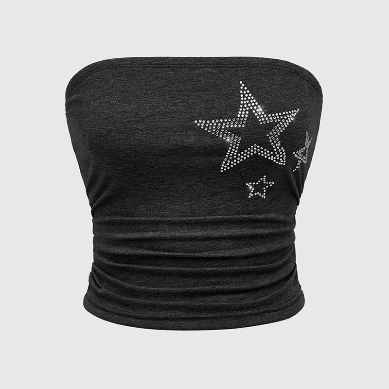 ROMWE Grunge Punk Women Fashion Gray And Black Strapless Top With Star-Shaped Rhinestone Embellishments