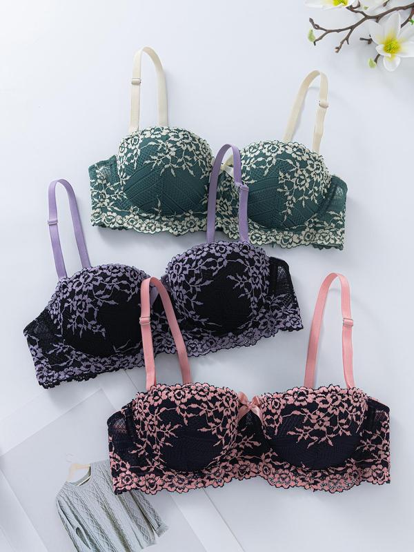 Women's Colorblock Floral Lace Push Up Bra, Soft Comfy Breathable Adjustable Strap Underwire Bra, Lingerie for All Seasons