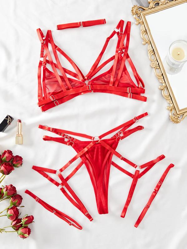 Women's Adjustable Strap Sheer Mesh Backless Bra & Thong with Garter Belt Sexy Lingerie Set, O-ring Decor Wireless Bra & Thong Set, Lingerie Set for Women