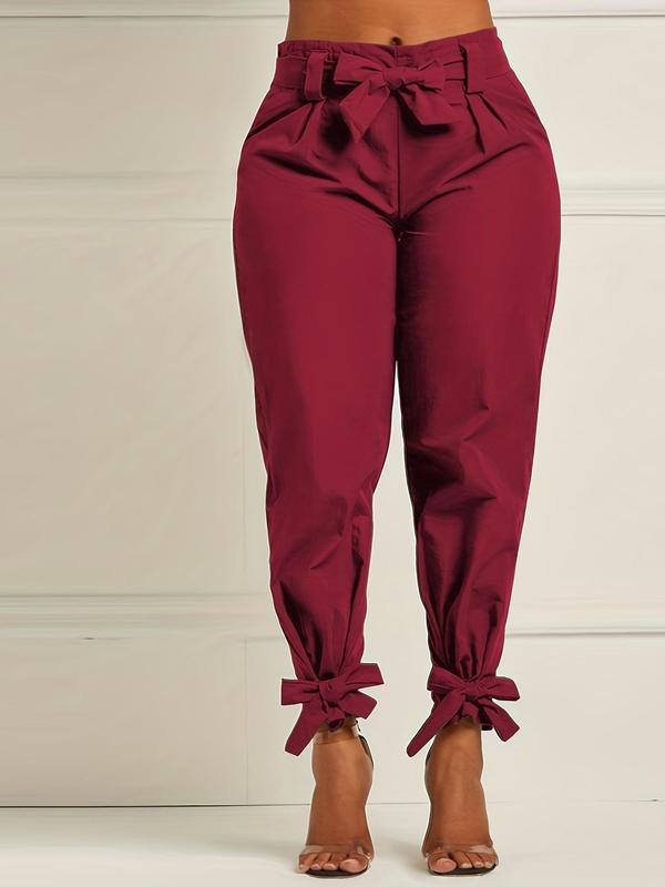 Women's Solid Color Belted Tie Front Carrot Pants, Casual Elastic Waist Trousers for Fall & Winter, Women's Bottoms for Daily Wear